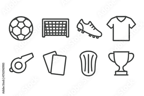Soccer Line Icons. Line style icons of Soccer: Soccer Ball, Goal, Cleat, Jersey, Whistle, Referee Card, Shin Guard, Trophy, No