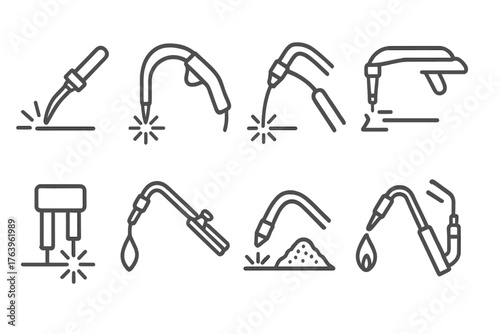 Welding Tools Icons. Line style icons of Welding methods: arc welding, MIG welding gun, TIG welding torch, plasma cutter, spot