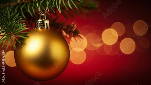 golden bauble hanging on pine branch with bokeh lights on red background, festive christmas scene