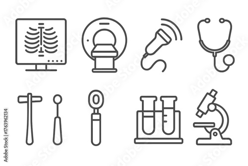 Diagnostic Tools Icons. Line style icons of Diagnostic tools: x-ray machine, MRI scanner, ultrasound probe, stethoscope, reflex