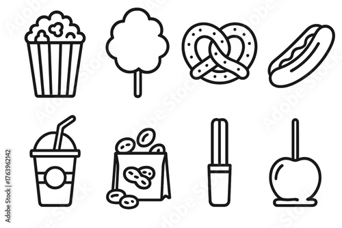 Circus Food Icons. Line style icons of Circus food: popcorn, cotton candy, pretzel, hotdog, lemonade cup, peanuts bag, churro,
