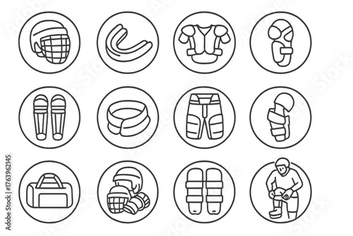 Protective Gear Icons. Line style icons of protective gear in round shape: helmet with cage, mouthguard, shoulder pads, elbow pads