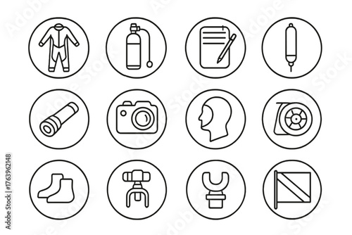 Diving Gear Icons. Line style round vector icons of Diving Equipment: Dry Suit, Spare Air Cylinder, Dive Slate, Reel and Line;