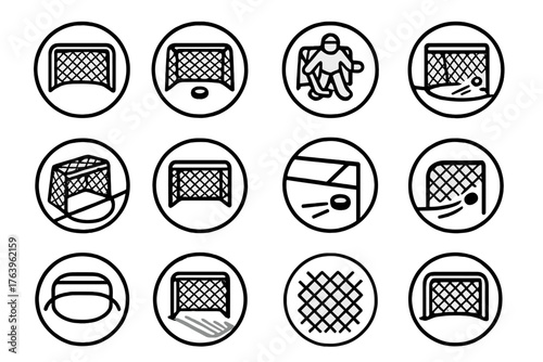 Goal Net Icons. Line style icons of goal nets in round shape: empty goal, puck in net, goalie in net, shot hitting post; angled