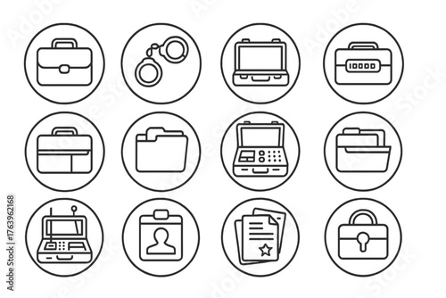 Spy Briefcase Icons. Line style icons of spy briefcases in round shape: closed briefcase, briefcase with handcuff, opened