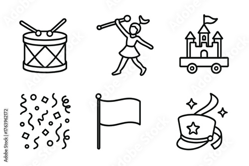 Parade Line Icons. Line style icons of Parade: marching band drum, trumpet, baton twirler, parade float, confetti, flag, majorette