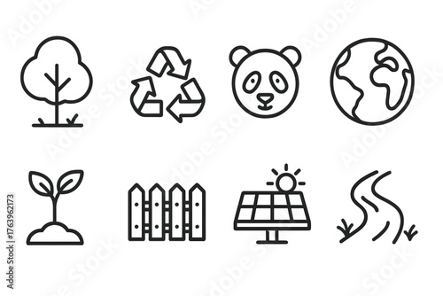 Conservation Icons. Line style icons of Conservation: tree, recycling sign, endangered animal, globe, seedling, fence, solar panel