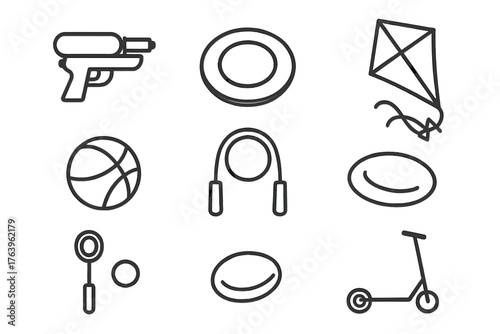 Outdoor Toy Icons. Line style icons of Outdoor Toys: Water Gun, Frisbee, Kite, Ball, Jump Rope, Skipping Stone, Bubble Wand,