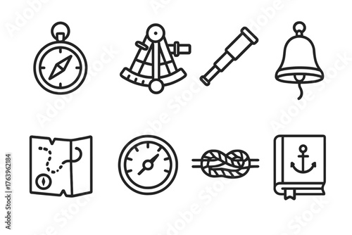Nautical Tools Icons. Line style icons of Nautical Tools: Compass, Sextant, Telescope, Ship Bell, Map, Barometer, Knot, Logbook,