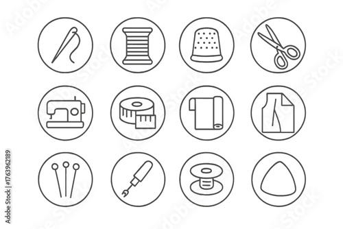 Sewing Tools Icons. Line style circular vector icons of Sewing: Needle, Thread Spool, Thimble, Scissors; Sewing Machine, Measuring