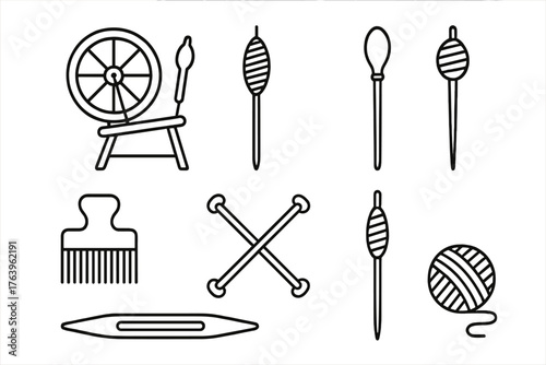 Textile Tool Icons. Line style icons of Textile tools: spinning wheel, spindle, distaff, carding comb, niddy noddy, drop spindle,