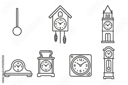Clockmaking Line Icons. Line style icons of Clockmaking: pendulum, cuckoo clock, clock tower, mantel clock, carriage clock, marine