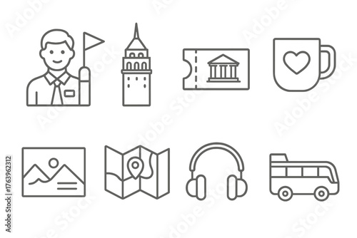 Tourism Icon Set. Line style icons of Tourism: Tour Guide, Landmark, Museum Ticket, Souvenir, Postcard, City Map, Headphones, Bus