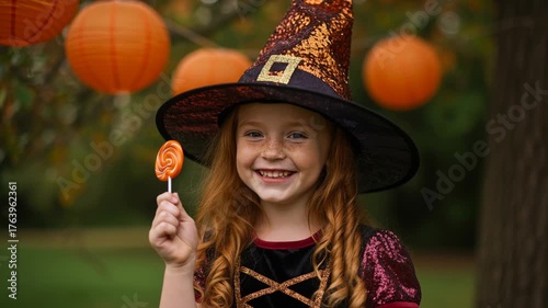 young girl in witch costume enjoying halloween outdoors with orange lanterns and lollipop
