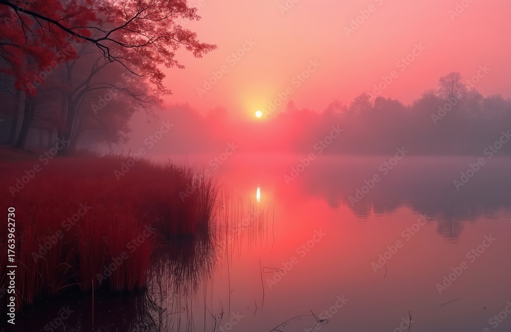 Naklejka premium Red reeds line calm lake shore. Sunrise horizon glows through misty trees and soft fog. Tranquil morning landscape reflects sunlit sky on water surface. Serene natural beauty.