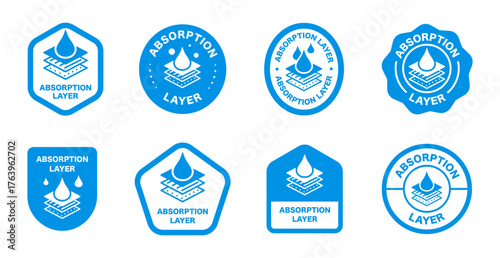 Blue absorption layer icons set featuring water drop and layered design
