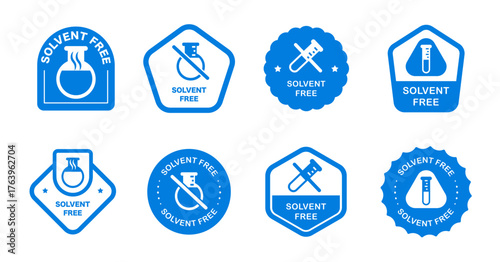 Solvent free labels set: chemical safety icons in blue design