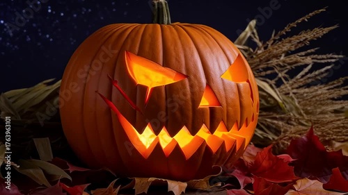glowing jack-o'-lantern surrounded by autumn leaves under a starry night sky during halloween