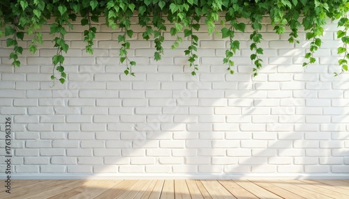 Minimalist white brick wall with cascading green plants creates fresh, natural backdrop. Soft sunlight casts shadows, highlighting clean texture. Interior design, home decor, serene indoor foliage.