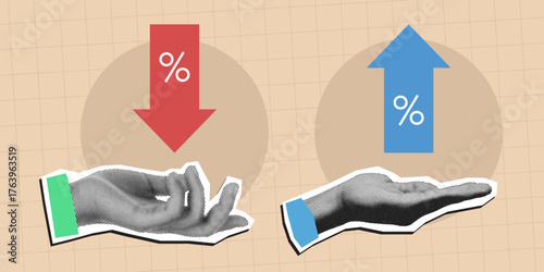 Retro collage of hands with up and down arrows showing percentage rate increase and decrease in finance concept.