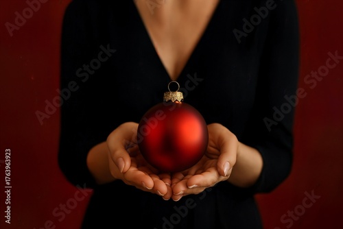 Woman in black dress holding red Christmas ornament in hands on dark red background, elegant festive still life with warm lighting.
