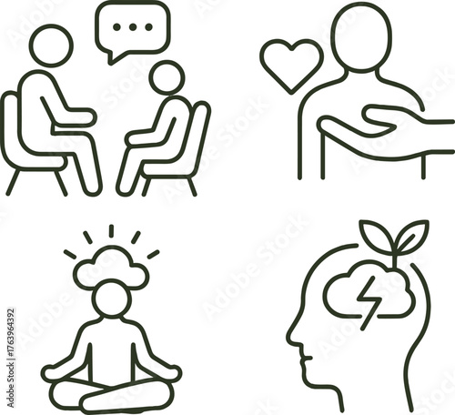 Mental health and mindfulness line icons — therapy, emotional support, meditation, brain wellness