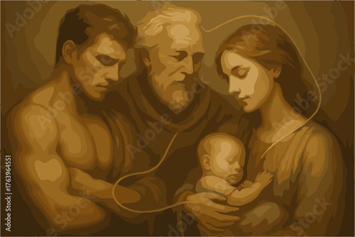 Generations family illustration — grandfather parents and baby unity art