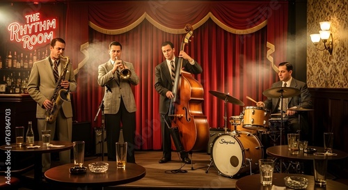 A sharp jazz quartet performing in a classic, dimly lit 