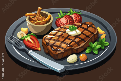 vector of American steak (T-bone or Ribeye) with melted garlic butter on the meat and garnished with grilled vegetables and mashed potatoes. Luxury design with dark plate and steel steak knife.