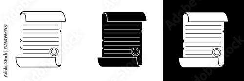 Clean vector illustration of a rolled parchment scroll with writing lines and seal mark. Available in color, black, and white styles. Perfect for use in logos, education materials, fantasy maps, etc.