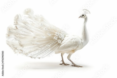 Elegant White Peacock in Majestic Pose: This regal white peacock, with its stunning, fanned tail, stands in a pose of elegant display, showcasing its beauty. 