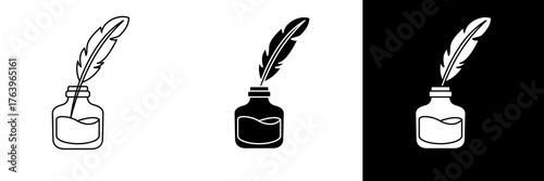 Minimalist vector illustration of a quill pen dipped in an ink bottle. The design features color, black, and white versions, ideal for vintage writing, calligraphy, education, etc.