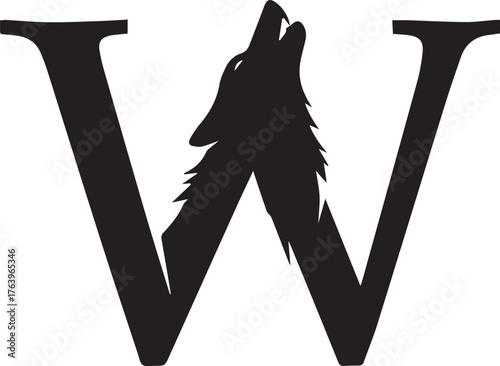 Howling wolf-W monogram – black silhouette with raised snout and fierce posture integrated into bold letter for primal branding, gaming, and identity design.