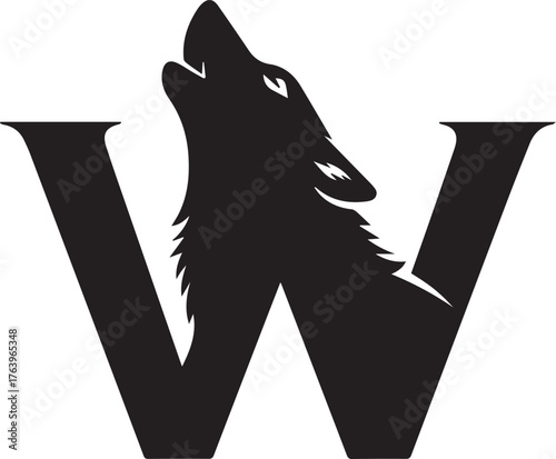 Howling wolf-W monogram – black silhouette with fierce head and raised snout integrated into bold letter for primal branding, gaming, and identity design.