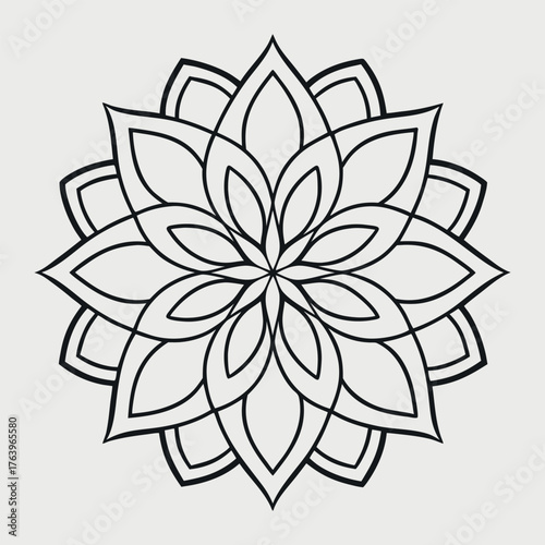 Intricate adult floral coloring book style elegant circular mandala with lotus patterns and ultra-thin symmetrical vector line art design