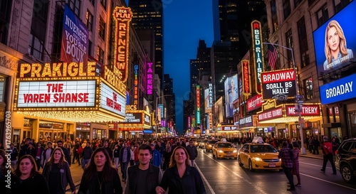 Broadway theater district in Times Square with illuminated marquees and crowded streets, vibrant New York City entertainment hub nightlife scene