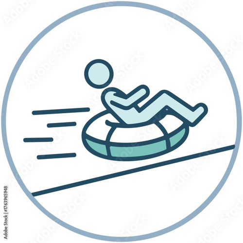 Person tubing down a slope, winter fun activity, dynamic motion, minimalistic design, circular icon illustration
