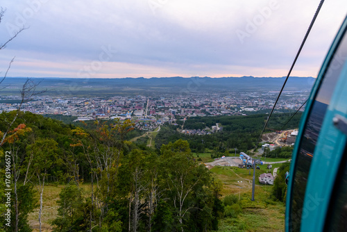 Scenic view of the city from a cable car ride at twilight in Japan