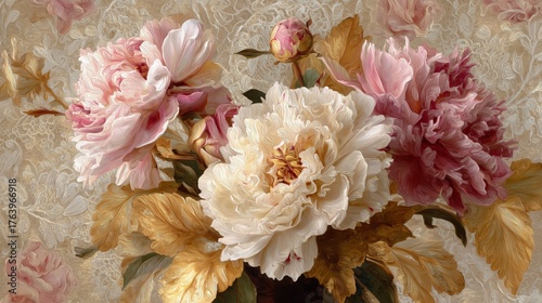Beautiful arrangement of peonies with pink and cream petals in a decorative vase on a soft patterned background