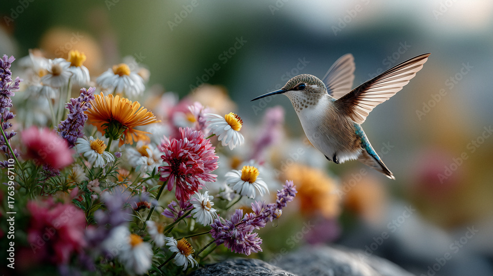 Fototapeta premium Kolibri im Flug zwischen bunten Blüten – Symbol für Leichtigkeit und Leben