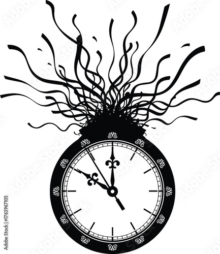 Abstract illustration of a clock exploding with energetic lines representing time