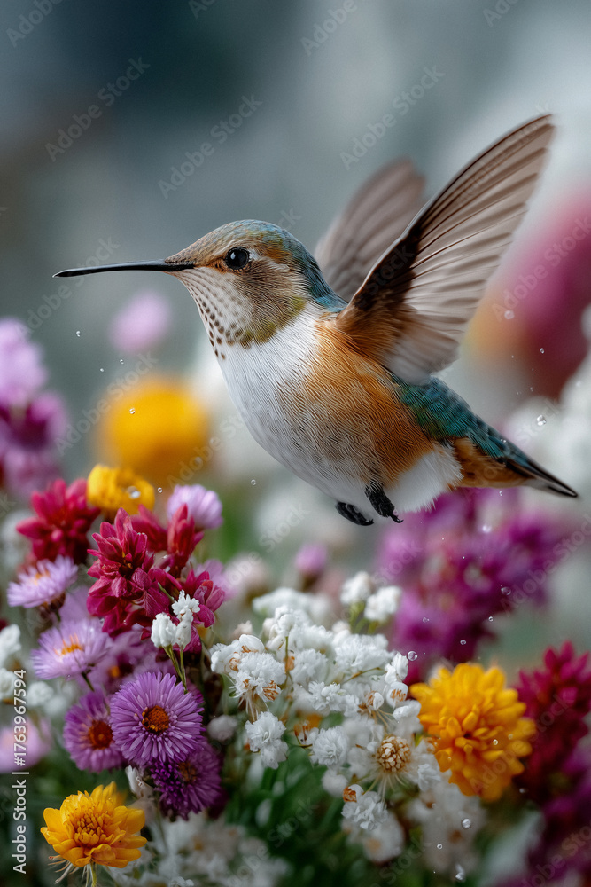 Fototapeta premium Kolibri im Flug zwischen bunten Blüten – Symbol für Leichtigkeit und Leben