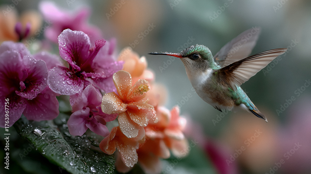 Fototapeta premium Kolibri im Flug zwischen bunten Blüten – Symbol für Leichtigkeit und Leben