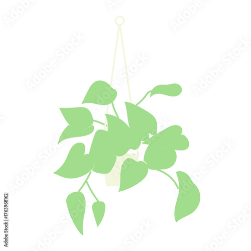 吊り鉢に植えられたポトスの葉が柔らかく垂れ下がる観葉植物のベクターイラスト｜ナチュラルなインテリアやボタニカルデザインに合うやさしい印象のグリーンモチーフ