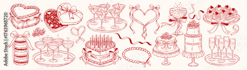 Coquette Dessert and Party Elements. Cakes, cupcakes, macarons, chocolate heart box, ribbons, hearts and champagne glasses. Romantic celebration line art set