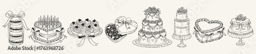 Coquette Patisserie. Cake, cupcakes and chocolate heart box with ribbons. Elegant bakery vintage line art for wedding and birthday designs