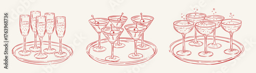 Coquette Party Drinks.Champagne flutes, martini and coupe glasses on trays. Elegant celebration line art for menus, invites.