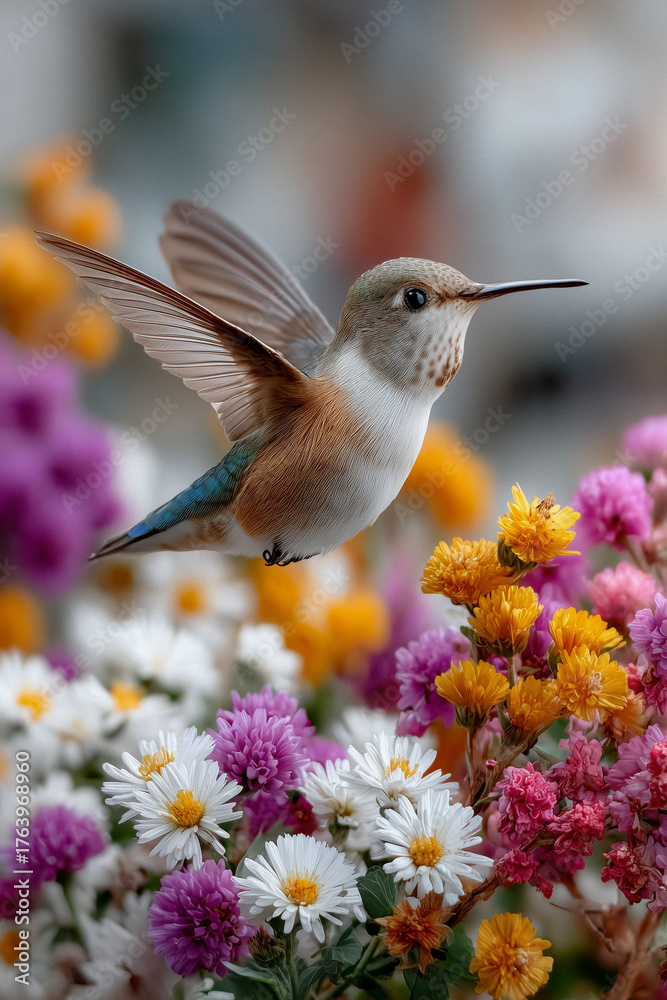 Fototapeta premium Kolibri im Flug zwischen bunten Blüten – Symbol für Leichtigkeit und Leben