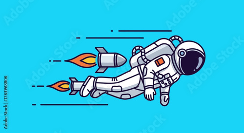 Astronaut in a spacesuit propelling through the cosmos with a rocket attached to their back, symbolizing exploration and rapid advancement in space travel