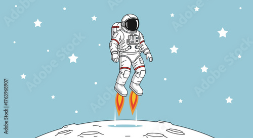 Astronaut gracefully floating above the lunar surface with jets of fire emitting from boots, against a star-filled sky